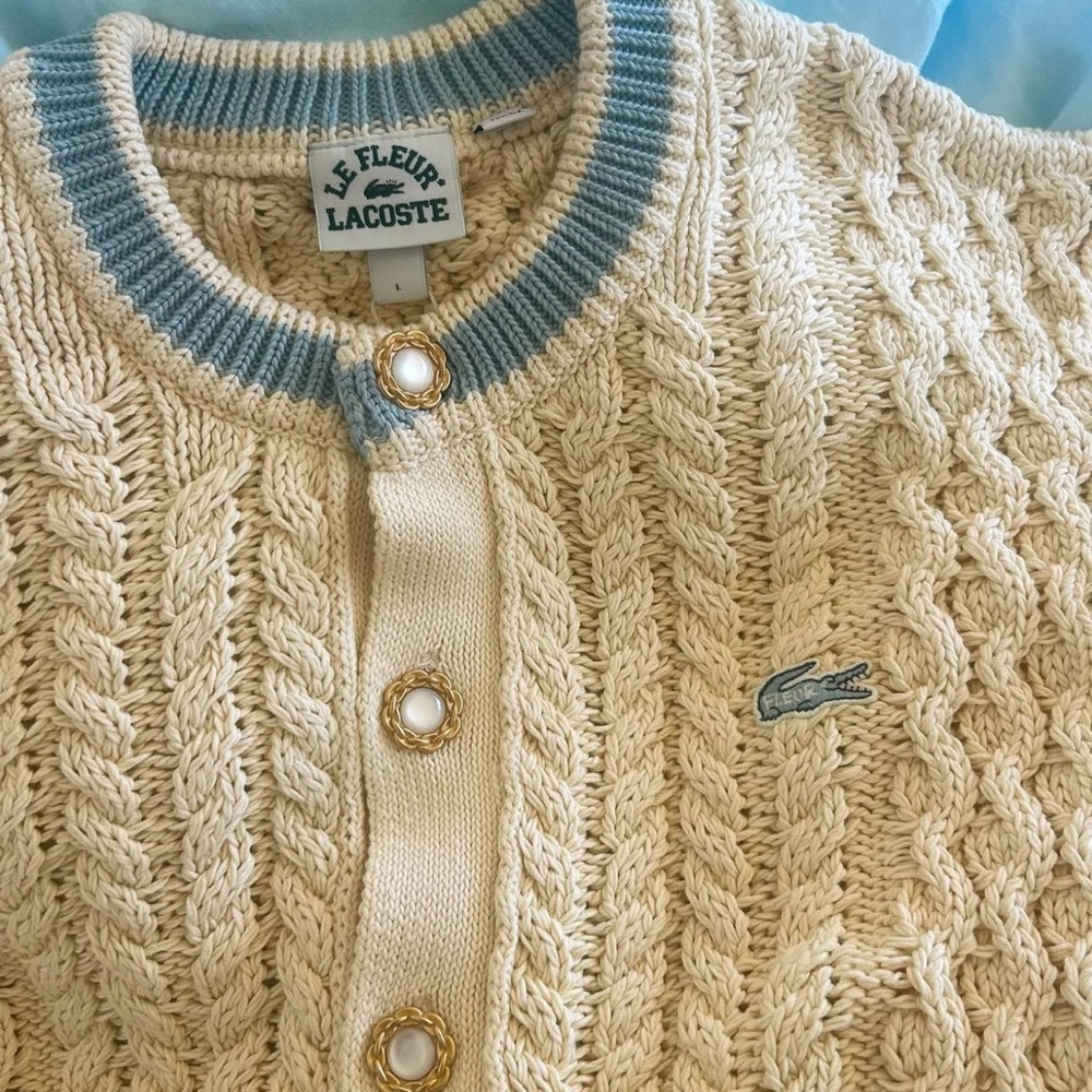 Lacoste Cream and Blue Cardigan Sweater